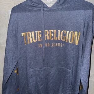 True Religion Charcoal Hoodie – Size M Unisex – Gold Logo –Used